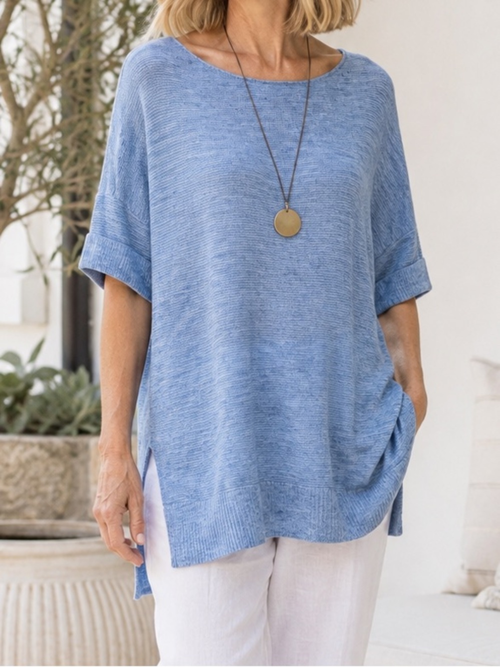 Eileen Fisher 100% Linen Blue Tunic Sweater Oversized Boat Neck Side Slit M
